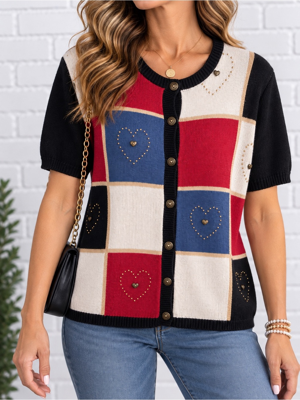 Vintage Alfred Dunner Ramie Cotton Heart Colorblock Cardigan Sweater M